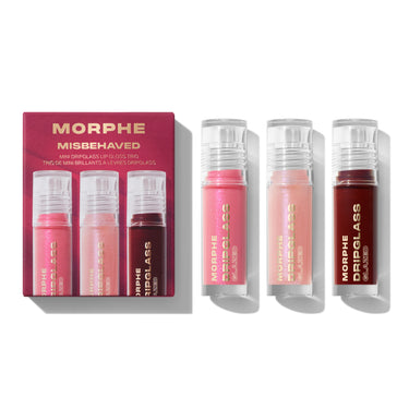 Morphe lip gloss set with packaging on a white background | Misbehaved Mini Dripglass Lip Gloss Trio